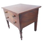 A 19th century mahogany commode with hinged lid and ceramic insert: two false drawers and raised
