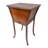 An early 20th century mahogany work table: two moulded, hinged flats opening to reveal wool box
