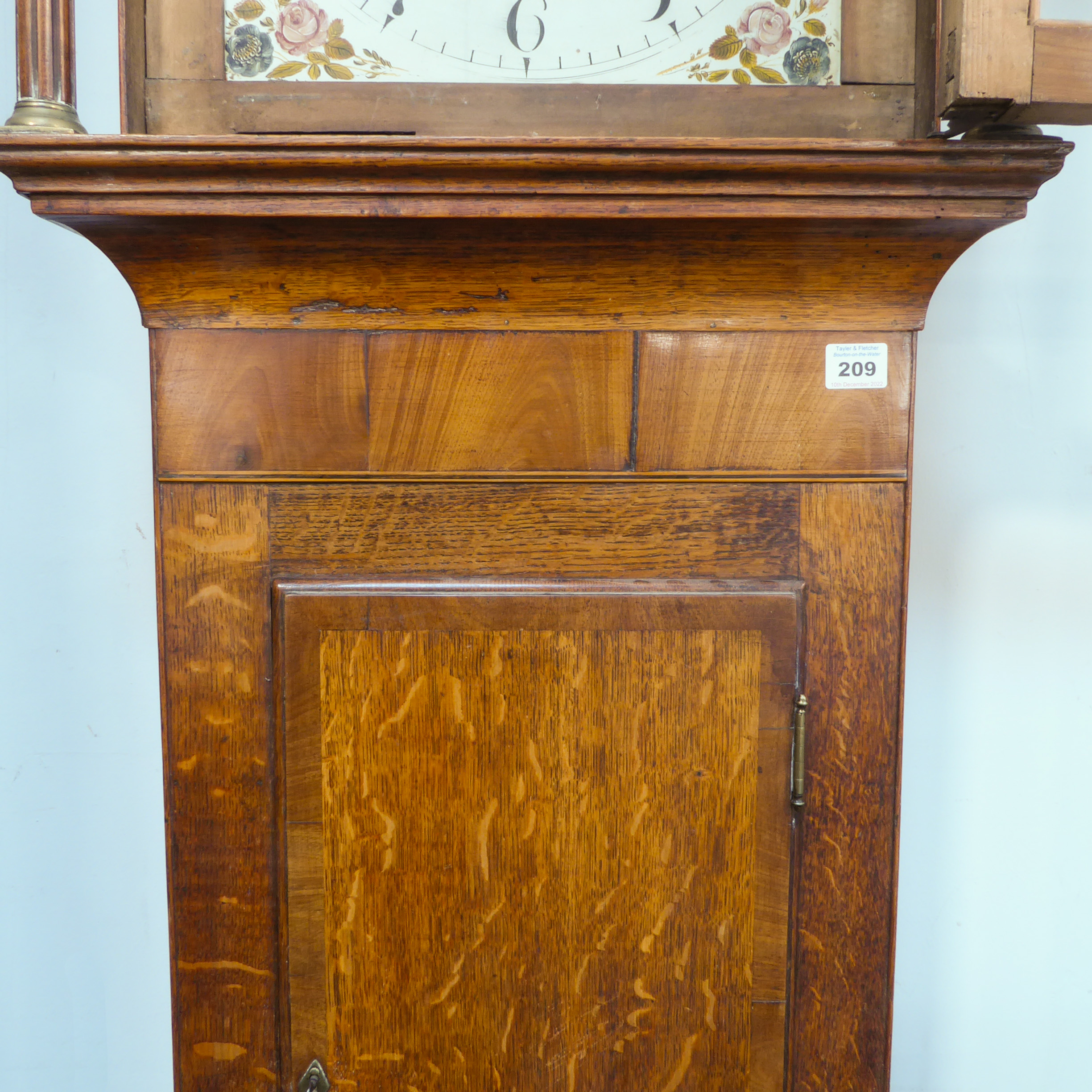 A 19th century thirty-hour oak longcase clock: the broken swan-neck pediment above a glazed hood - Image 4 of 5