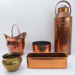 Five items of late 19th and early 20th century metalware: a copper pail with swing-handle; a tall