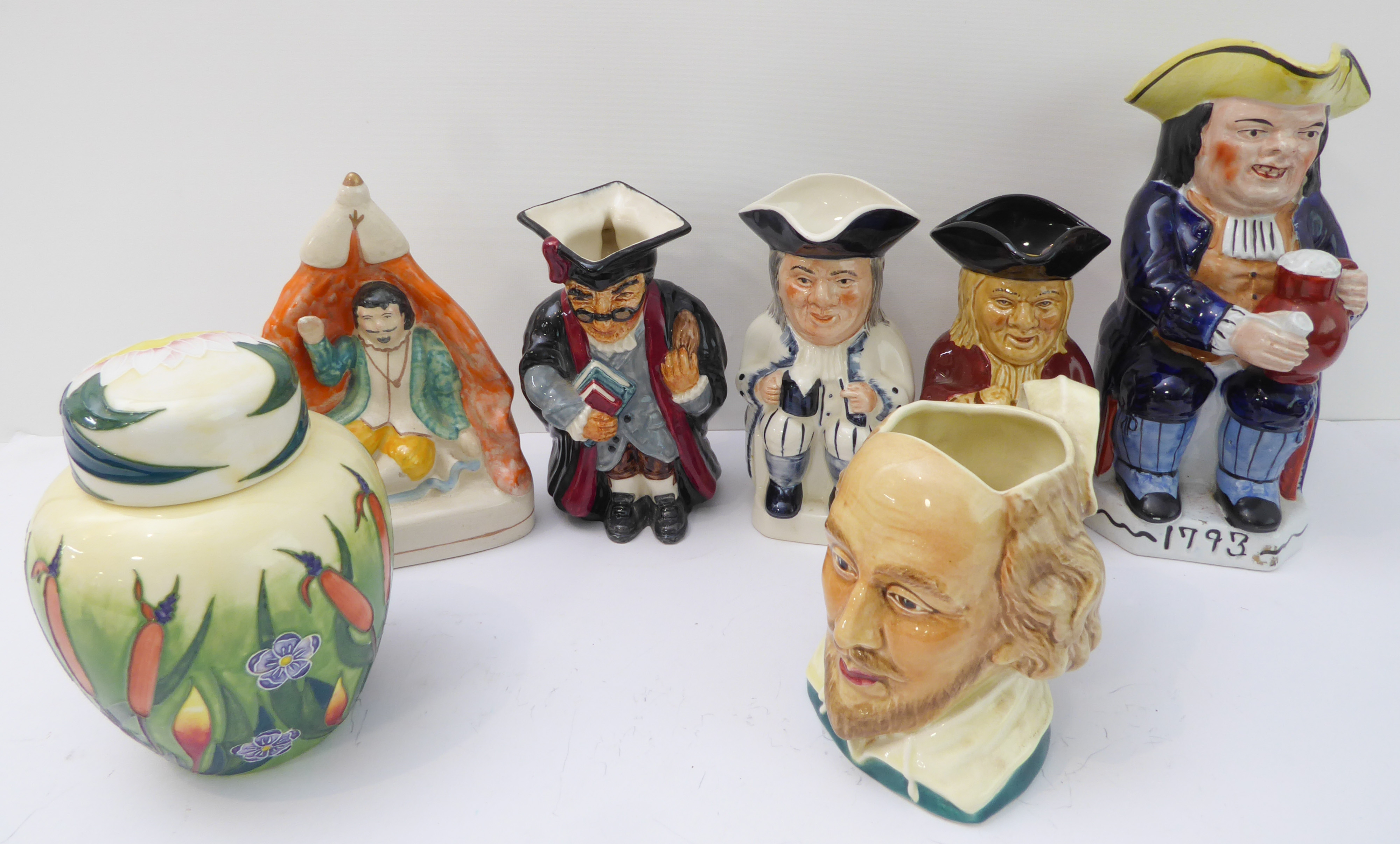 A group of seven comprising: 5 Toby jugs to include Sylvac, Tony Wood and Roy Kirkham; a 19th