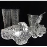 Good glassware to include: a pair of tall hobnail-cut vases; a cut-glass boat-shaped bowl and