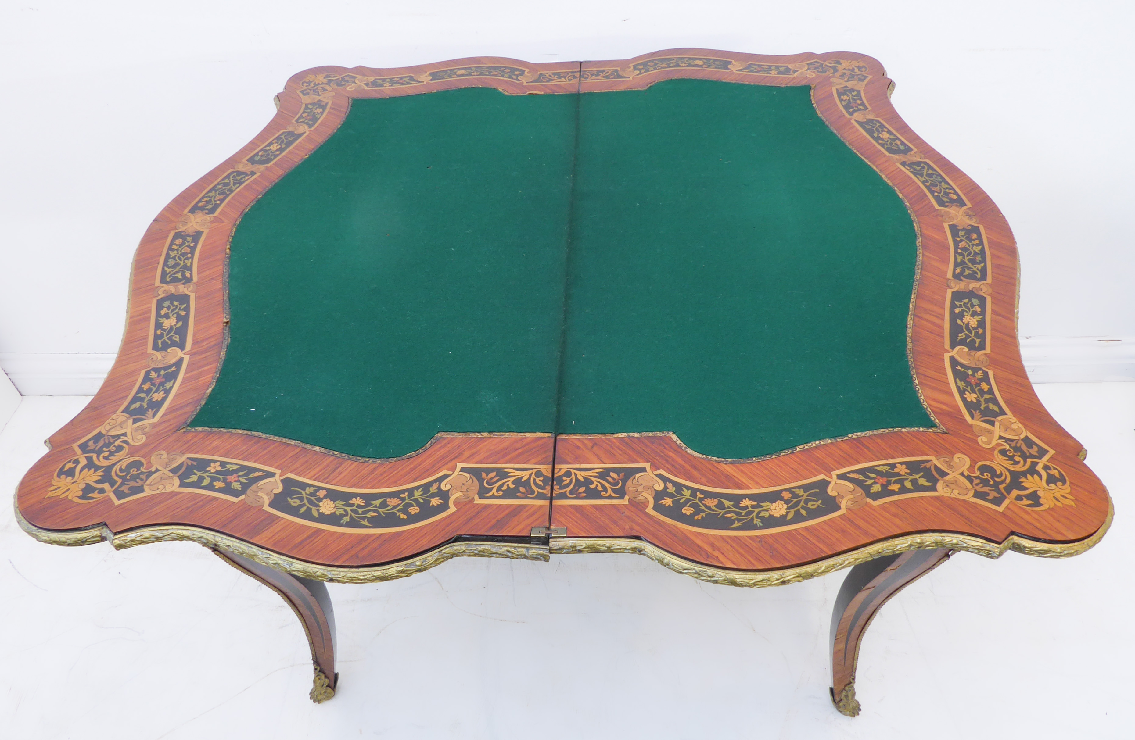 A 19th century ormolu-mounted kingwood and marquetry card table: serpentine-front and foldover - Image 5 of 7