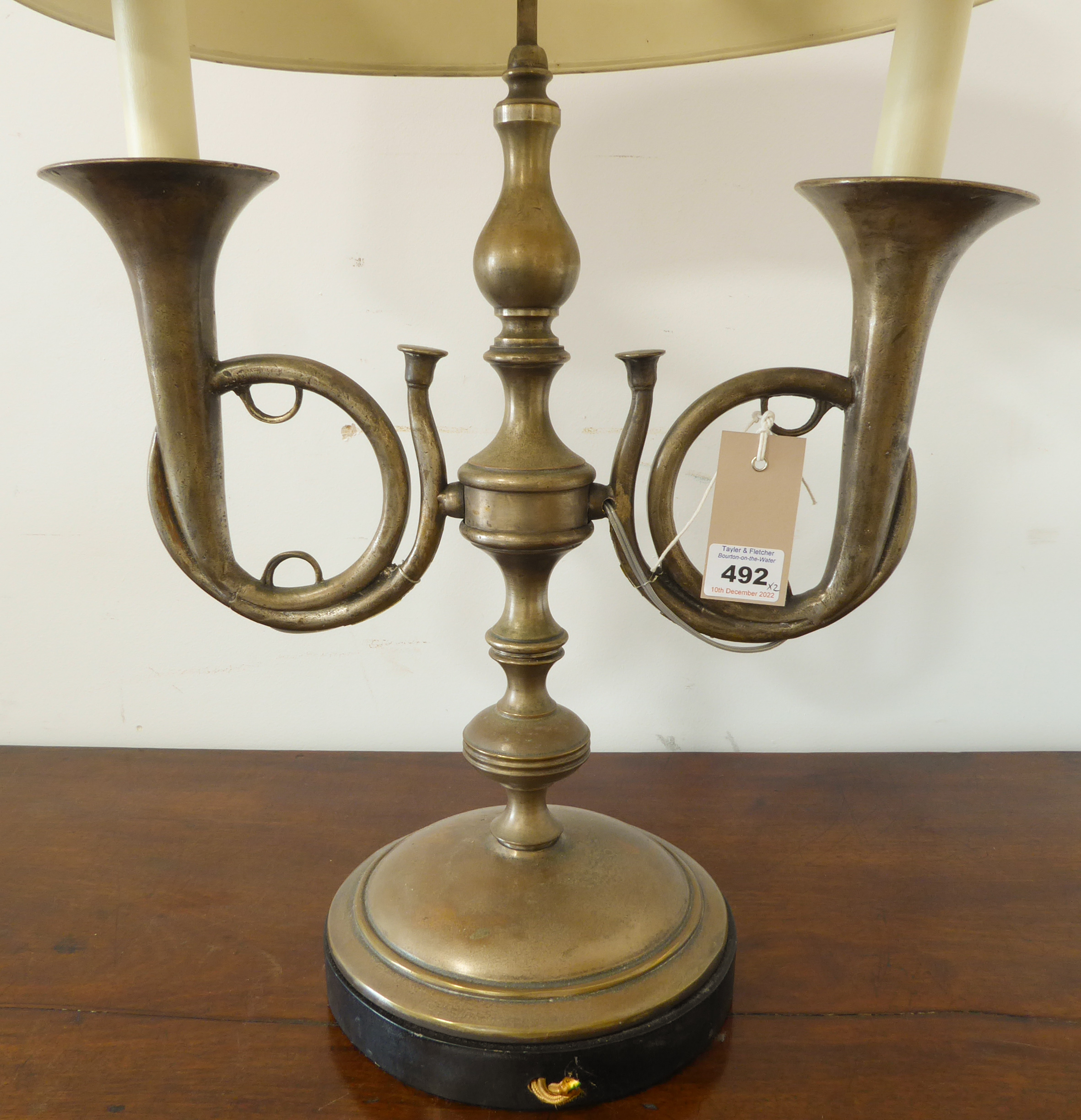 A good quality solid metal (possibly steel) lamp together with a painted Toleware shade (adjustable) - Image 2 of 2
