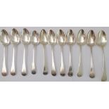 A harlequin set of ten George III period and later Old English pattern hallmarked silver dessert