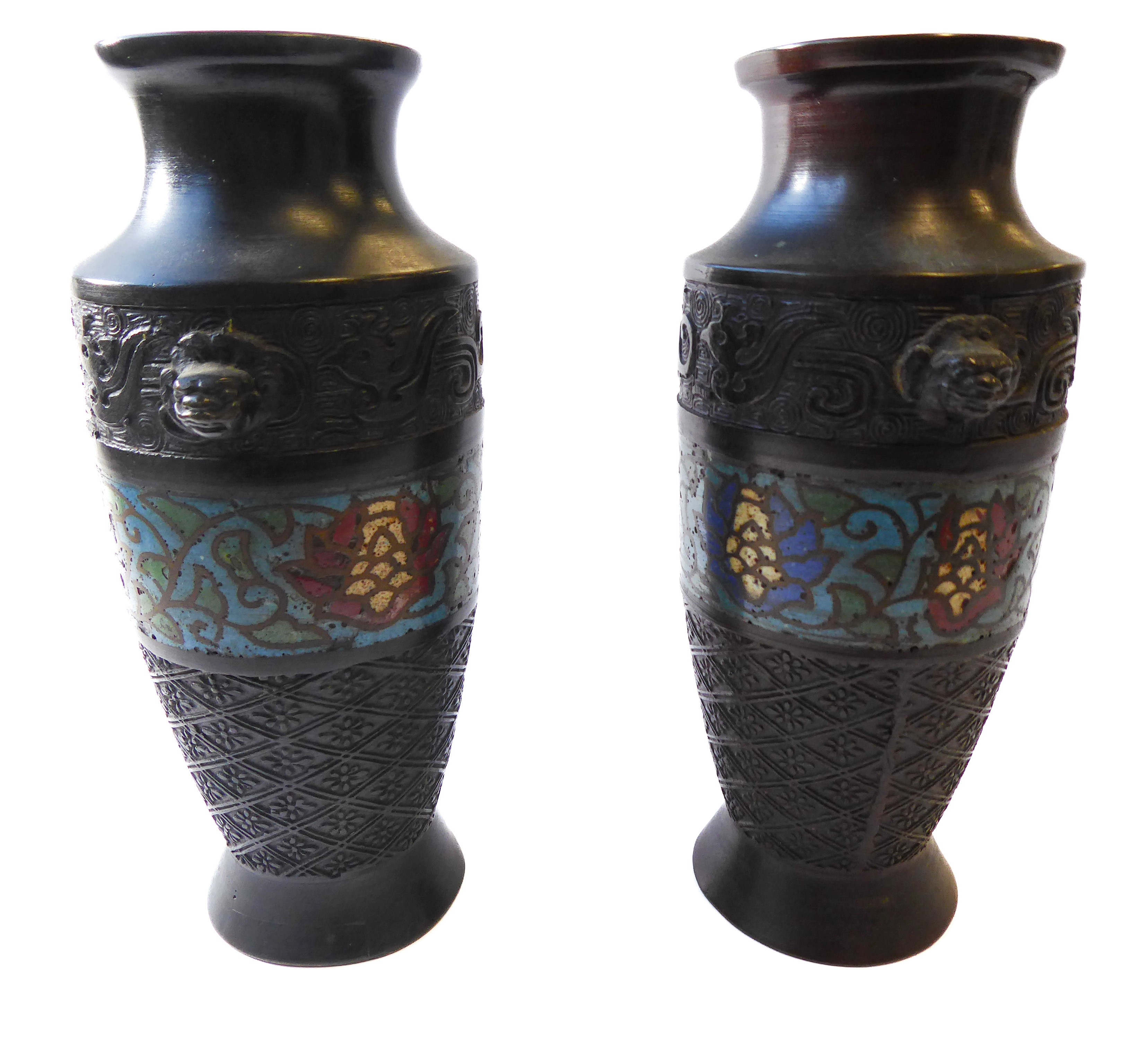 A pair of early 20th century Japanese metal vases decorated with a central cloisonné scrolling - Image 2 of 4