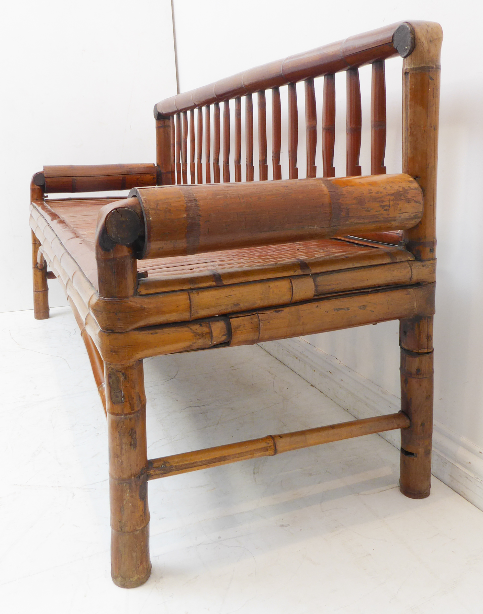 An unusual late 19th / early 20th century Chinese settle made from patinated bamboo: slatted back - Image 4 of 4