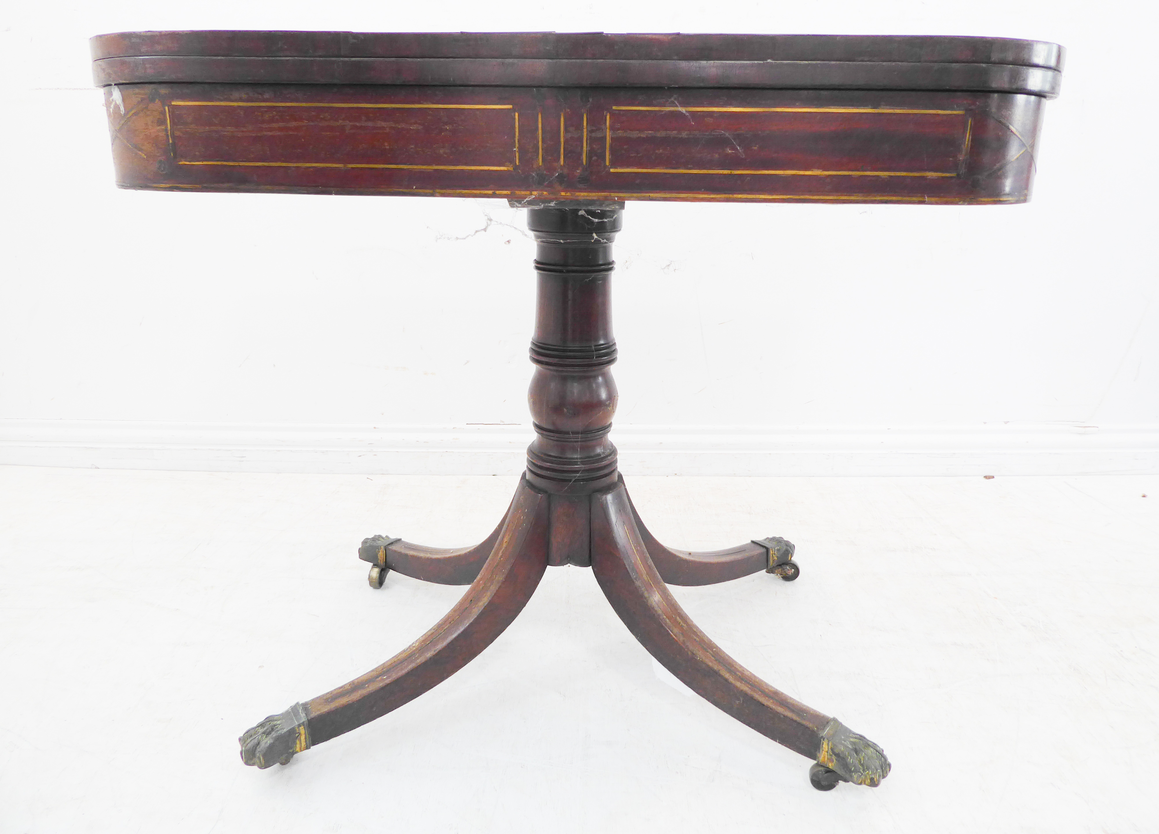 An early 19th century Regency period mahogany, brass-strung and rosewood-crossbanded foldover-top - Image 5 of 5