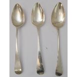 Three George III period hallmarked silver Old English pattern tablespoons (various maker's marks and