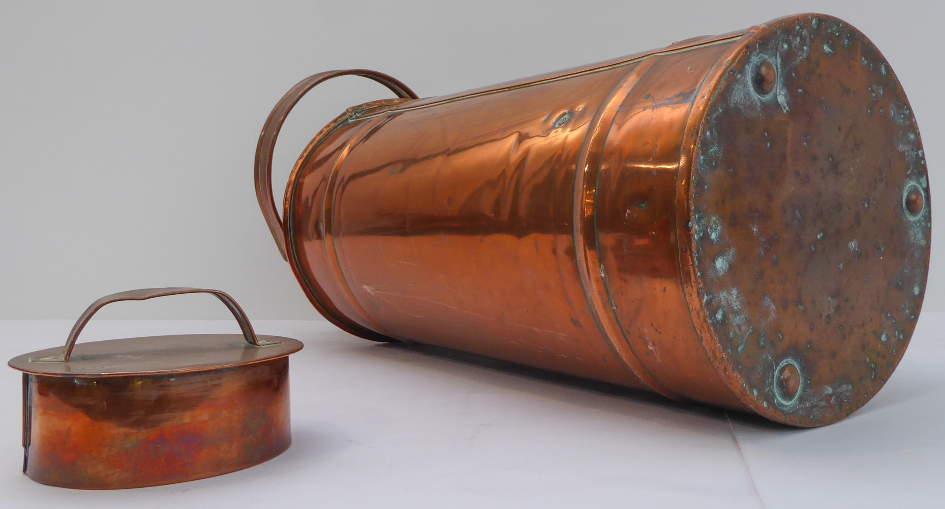 Five items of late 19th and early 20th century metalware: a copper pail with swing-handle; a tall - Image 6 of 7