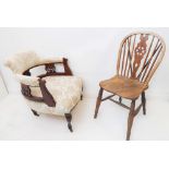 An Edwardian mahogany and upholstered tub chair, together with a single 19th century wheelback chair