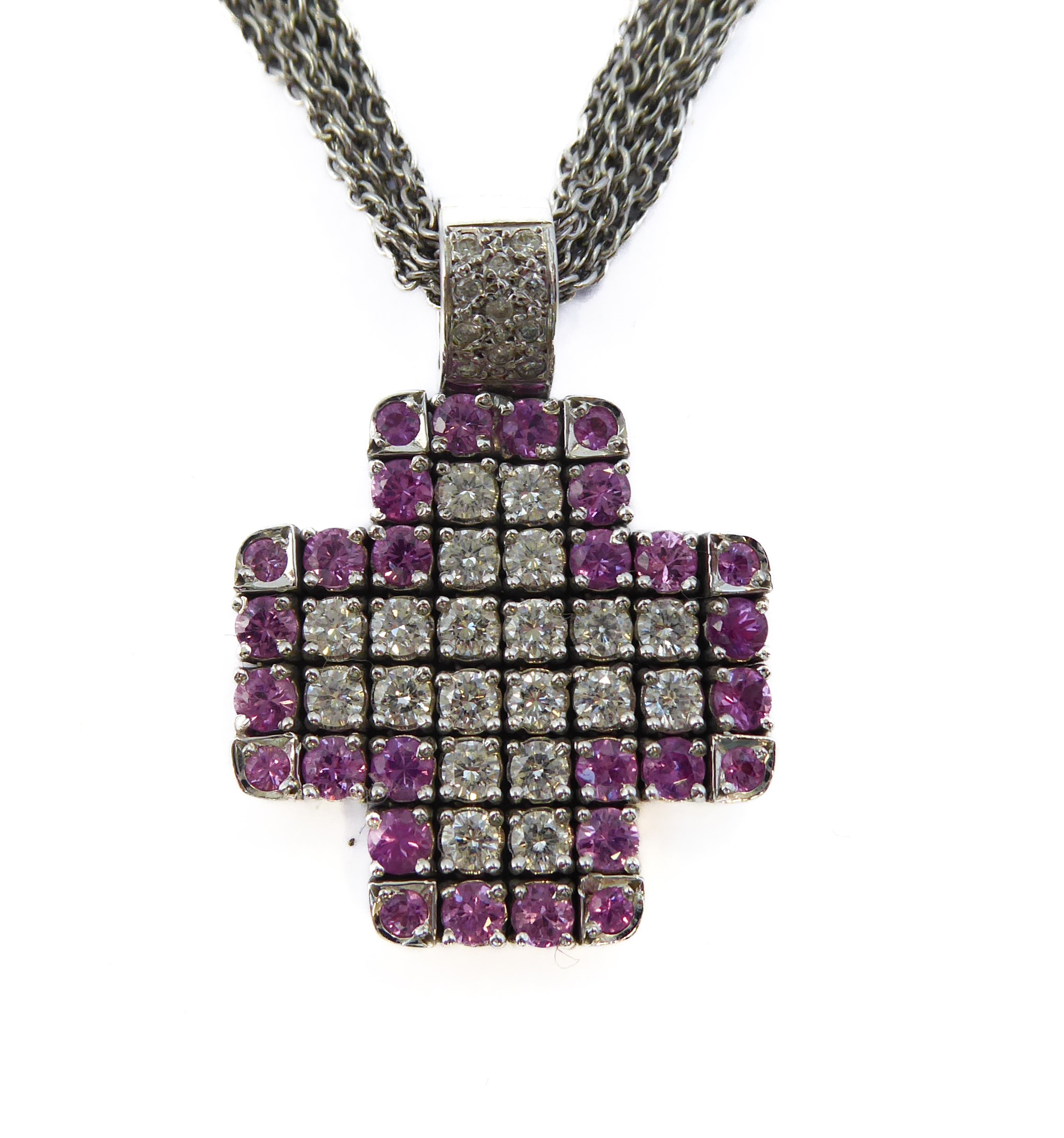 An 18-carat white gold, pink sapphire and diamond pendant together with an 18-carat white gold - Image 3 of 4