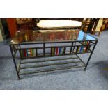 CAST METAL COFFEE TABLE WITH GLASS INSERT TOP AND STAINED GLASS DECORATION