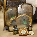 GILT FRAMED MIRROR AND 2 OTHERS MAHOGANY MANTLE CLOCK ETC