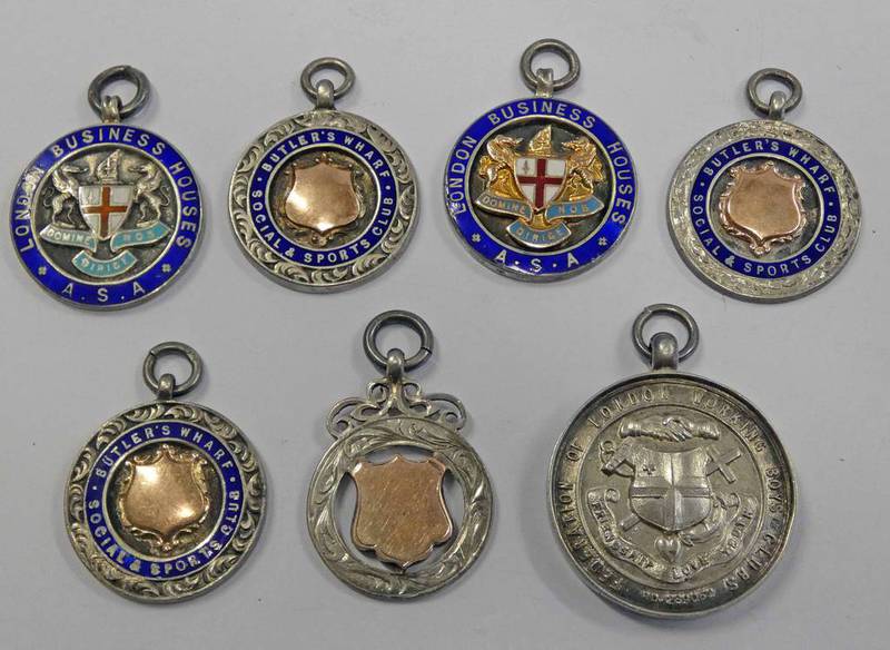 7 VARIOUS SILVER SPORTING MEDALLIONS FROM 1916 - 1928 FOR BOXING, FOOTBALL,