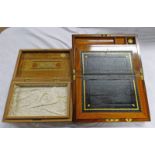 PARQUETRY INLAID BOX WITH MOTHER OF PEARL INLAY AND INTERIOR SHELF AND A BRASS BOUND WRITING SLOPER