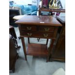 INLAID MAHOGANY LAMP TABLE WITH 2 SHORT OVER LONG DRAWER ON SQUARE SUPPORTS.