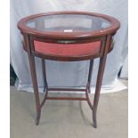 INLAID MAHOGANY OVAL BIJOUTERIE CABINET ON SQUARE TAPERED SUPPORTS WITH FITTED INTERIOR - 59CM WIDE