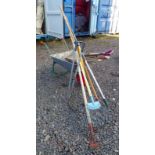 METAL FRAMED WHEEL BARROW WITH SELECTION OF GARDENING TOOLS ETC