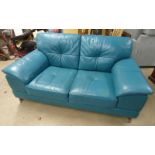 OVERSTUFFED TEAL 2 SEATER LEATHER SETTEE ON CHROME SUPPORTS