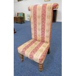 19TH CENTURY OVERSTUFFED CHAIR WITH STRIPED FLORAL PATTERN ON TURNED SUPPORTS