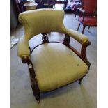 19TH CENTURY WALNUT TUB CHAIR WITH CARVED DECORATION & TURNED SUPPORTS 77CM TALL