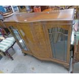 WALNUT BOOKCASE WITH CENTRAL PANEL DOOR FLANKED EACH SIDE BY ASTRAGAL GLASS PANEL DOOR ON CABRIOLE