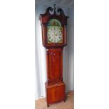 MAHOGANY GRANDFATHER CLOCK WITH PAINTED DIAL SIGNED JAS GRAY MACDUFF, WITH WEIGHTS AND PENDULUM.