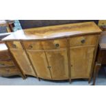 MAHOGANY SIDEBOARD WITH SHAPED FRONT & 3 DRAWERS OVER PANELLED DOORS WITH VARIOUS CROSSBANDING,