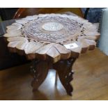 EASTERN HARDWOOD TABLE WITH ORIENTAL CARVING AND DECORATIVE INLAY