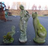 3 CONCRETE GARDEN FIGURES - CAT, DUCK & LADY Condition Report: Cat has chip to ear.