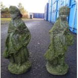 2 CONCRETE GARDEN STATUES OF WOMEN WITH BASKETS Condition Report: Both are weather