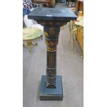 ARTS & CRAFTS STYLE POT STAND WITH GILT & BLACK DECORATION ON SQUARE BASE.