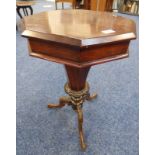 19TH CENTURY MAHOGANY SEWING TABLE WITH OCTAGONAL TOP ON CENTRE PEDESTAL WITH CARVED DECORATION