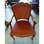 CONTINENTAL BEECH OPEN ARMCHAIR ON CABRIOLE SUPPORTS