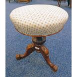 LATE 19TH CENTURY CIRCULAR TOPPED PIANO STOOL WITH 3 SPREADING SUPPORTS & CARVED DECORATION