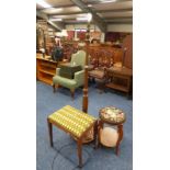 MAHOGANY STANDARD LAMP, MAHOGANY CIRCULAR STOOL ON SHAPED SUPPORTS,