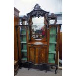 LATE 19TH INLAID MAHOGANY SIDE CABINET WITH MIRROR BACK FLANKED BY GLAZED PANEL DOORS ON CABRIOLE