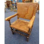 LATE 19TH OR EARLY 20TH CENTURY OAK ARMCHAIR WITH BARLEY TWIST SUPPORTS & LEATHER COVERING