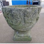 CONCRETE GARDEN URN WITH FIGURAL DECORATION 42CM TALL