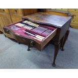 MAHOGANY CANTEEN OF SILVER PLATED CUTLERY WITH 2 DRAWERS & SHAPED SUPPORTS,