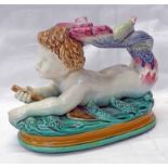 19TH CENTURY MINTON MAJOLICA MERBOY ON OVAL BASE,