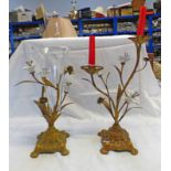 PAIR OF 19TH CENTURY STYLE METAL CANDLE HOLDERS WITH PORCELAIN FLOWERS - HEIGHT 38 CMS