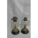 PAIR EARLY 20TH CENTURY BRASS OIL LAMPS WITH CLEAR GLASS FONTS