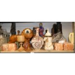 VARIOUS CARVED EASTERN FIGURES, SELECTION OF INTERESTING WOODEN WARE, STONEWARE,