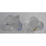 PAIR OF FABERGE GLASS PAPERWEIGHTS : POLAR BEAR & CAT - 10 CM LONG,