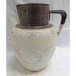 19TH CENTURY STONEWARE JUG WITH BROWN RIBBED RIM & CHERUB DECORATION - 29CM TALL