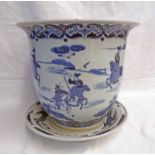 LARGE CHINESE BLUE & WHITE POTTERY FLOWER POT DECORATED WITH WARRIORS ON STAND DECORATED WITH