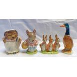 3 BESWICK BEATRIX POTTER FIGURES WITH SILVER STAMPS INCLUDING MRS TITTLEMOUSE & MRS TIGGYWINKLE,