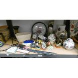 VARIOUS POTTERY VASES, GLASS PAPERWEIGHT, TABLE LAMP,